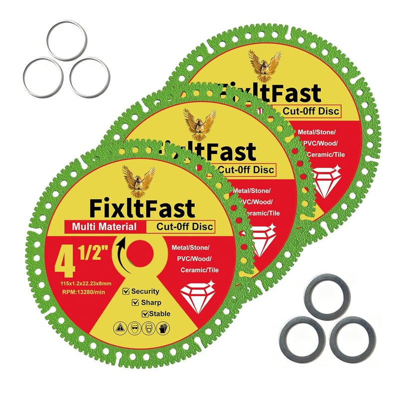 Fix It Fast 4 1/2 x 7/8 Inch Indestructible Multi-Material Diamond Cut Off Disc for Angle Grinders, with 5/8" and 4/5" Washer - 3 Pack - Image 1